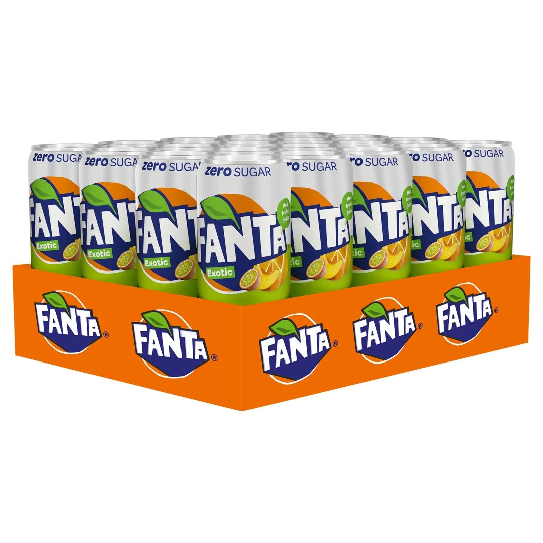 20 x Fanta Exotic Zero 330 ml i ett orange flak med silvriga burkar fyllda med sockerfri tropisk läsk., bild 1 av 1