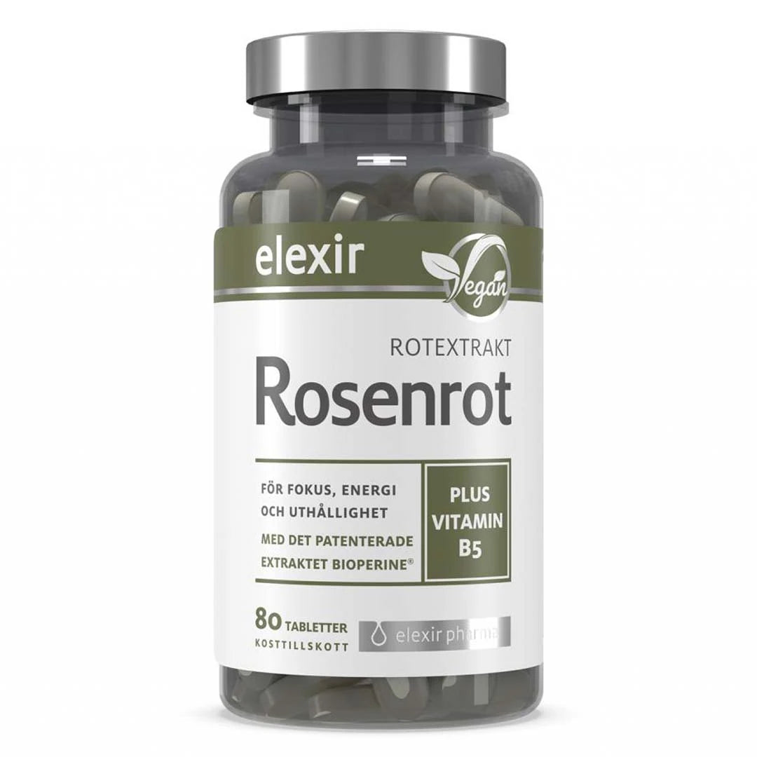 Elexir Pharma Rosenrot 80 tabs i en transparent burk med vit och grön etikett samt vegansymbol., bild 1 av 1