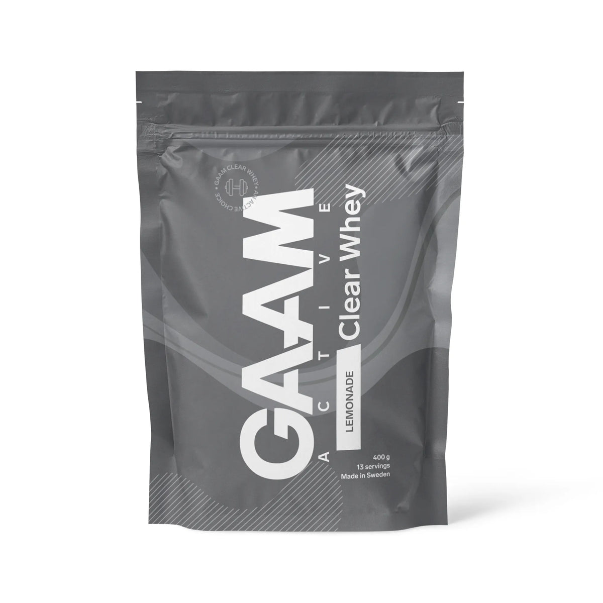 GAAM Active Clear Whey 400 g proteinpulver i en grå påse med vita detaljer för smaken Lemonade.