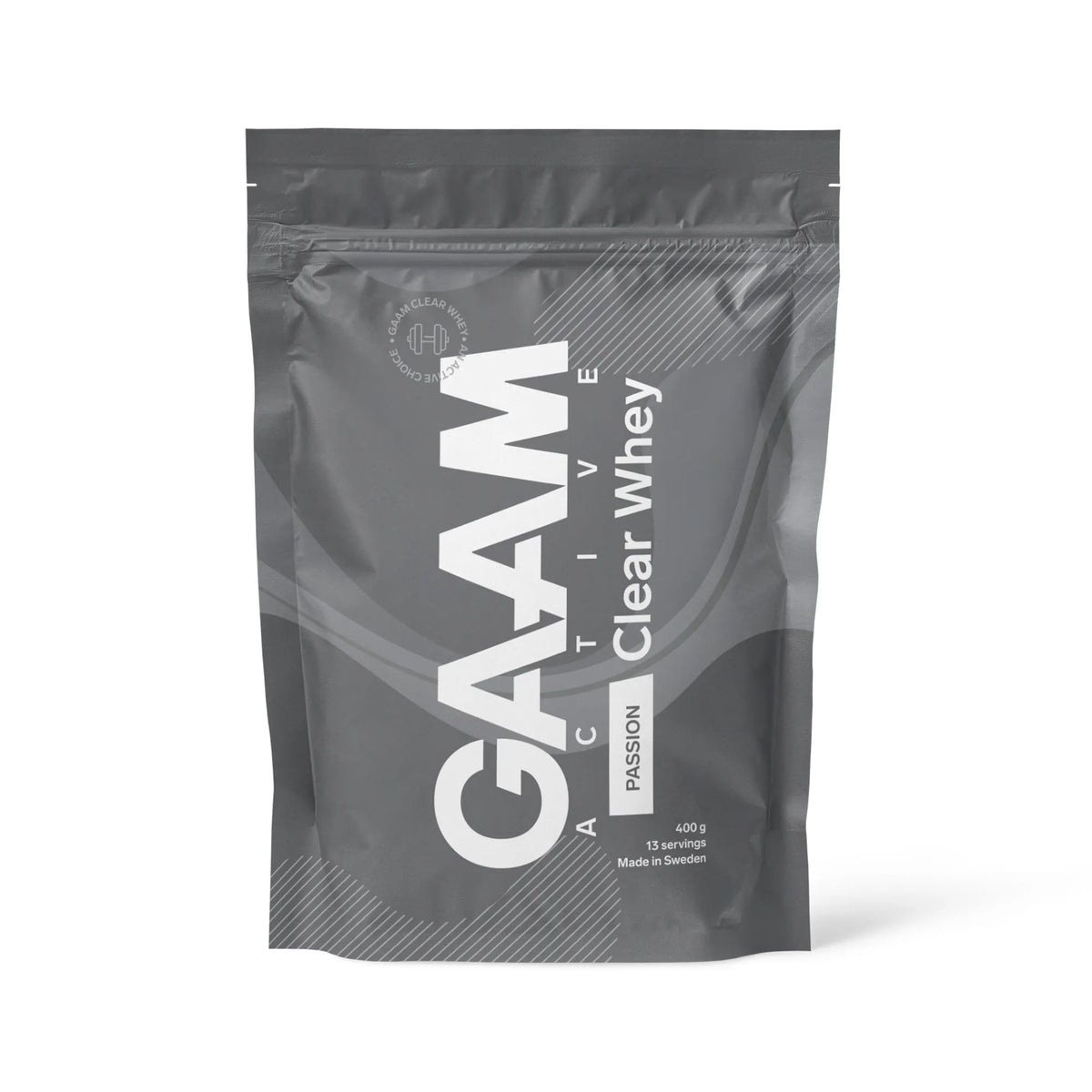 GAAM Active Clear Whey 400 g proteinpulver i en grå påse med vit text för smaken Passion Fruit.