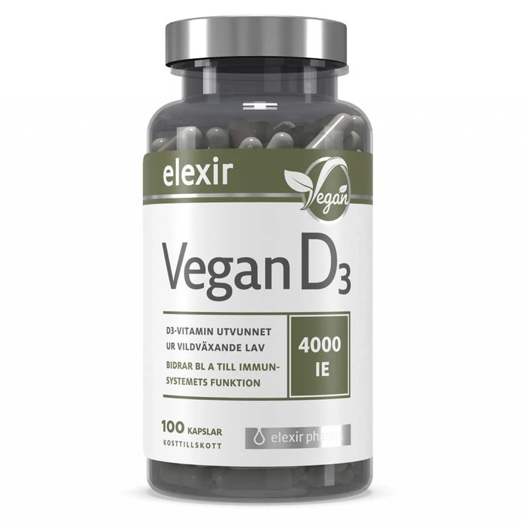 Elexir Pharma D3 Vegan Vitamin 4000IE 100 caps i en genomskinlig burk med vit och grön etikett samt silverlock., bild 1 av 1