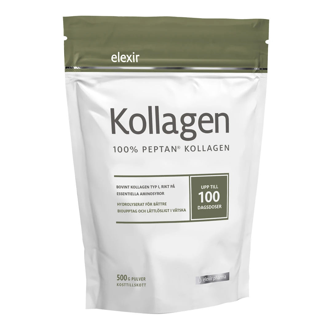 Elexir Pharma Kollagen 100% Peptan 500 g kosttillskott i en vit påse med olivgröna detaljer., bild 1 av 1