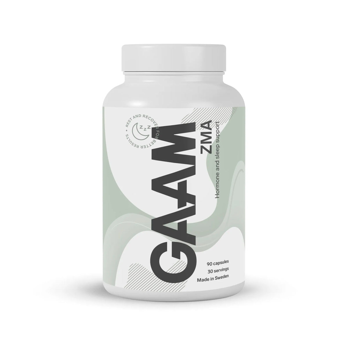 GAAM ZMA 90 caps kosttillskott i en vit burk med grågröna detaljer, anpassad för hormonbalans och sömn., bild 1 av 1