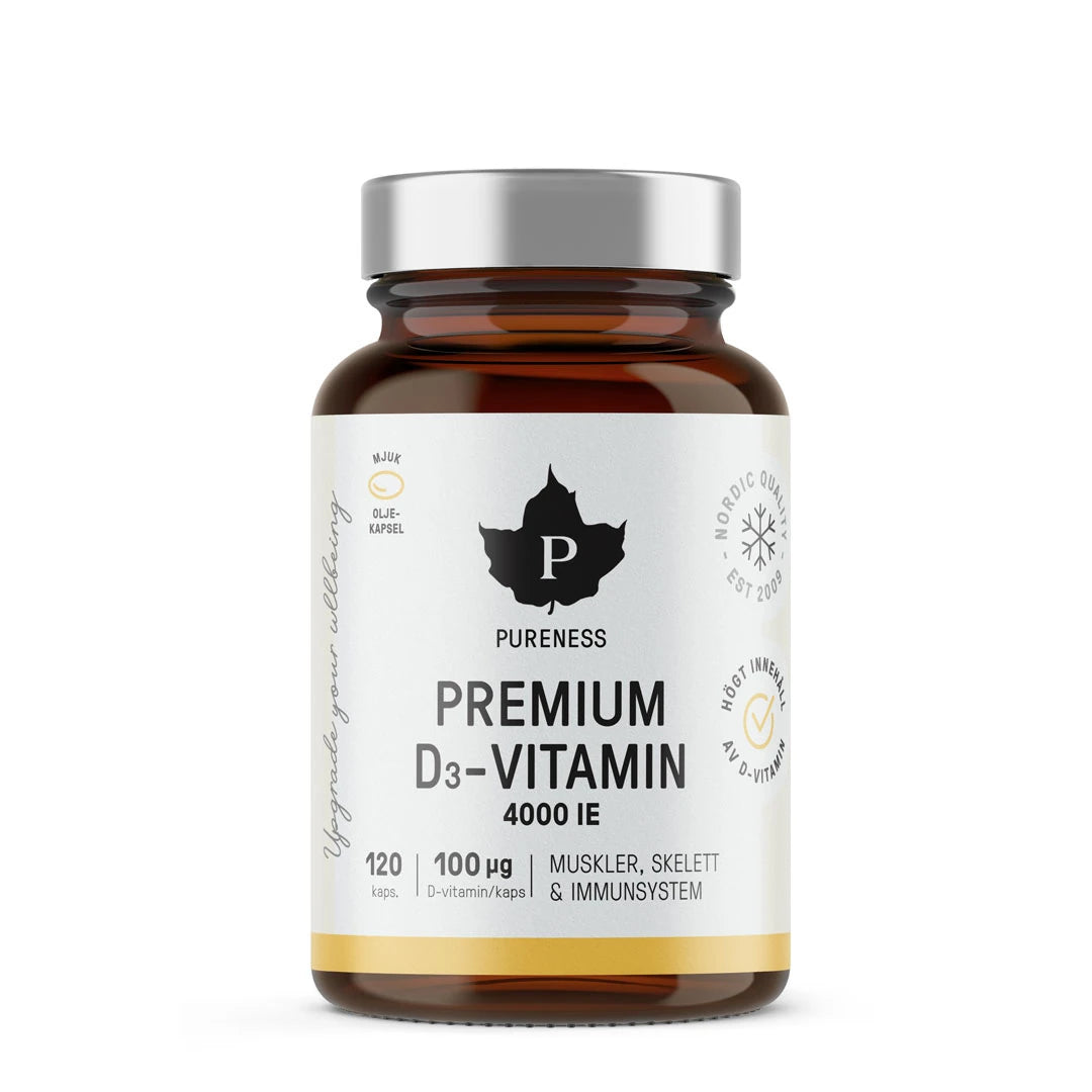 Pureness Premium D-Vitamin 120 caps i en brun glasburk med silverlock och vit etikett med gula detaljer., bild 1 av 1