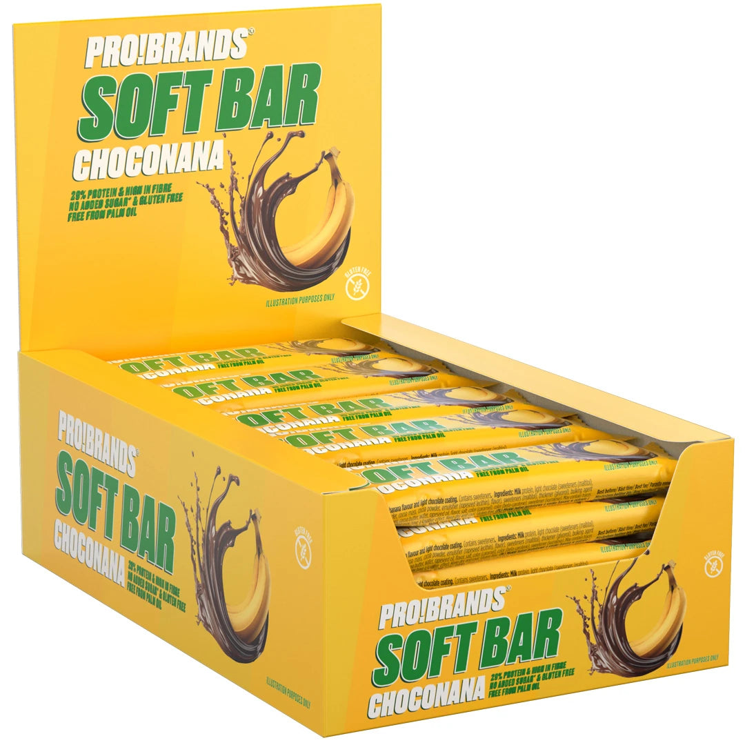 15 x Pro Brands Softbar 40 g Choconana i en gul låda fylld med matchande proteinbars., bild 1 av 1