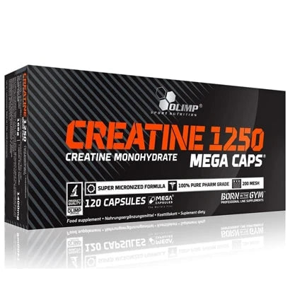 Olimp Creatine Mega caps 120 caps kreatin monohydrat förpackad i en svart ask med orange och vit text., bild 1 av 1