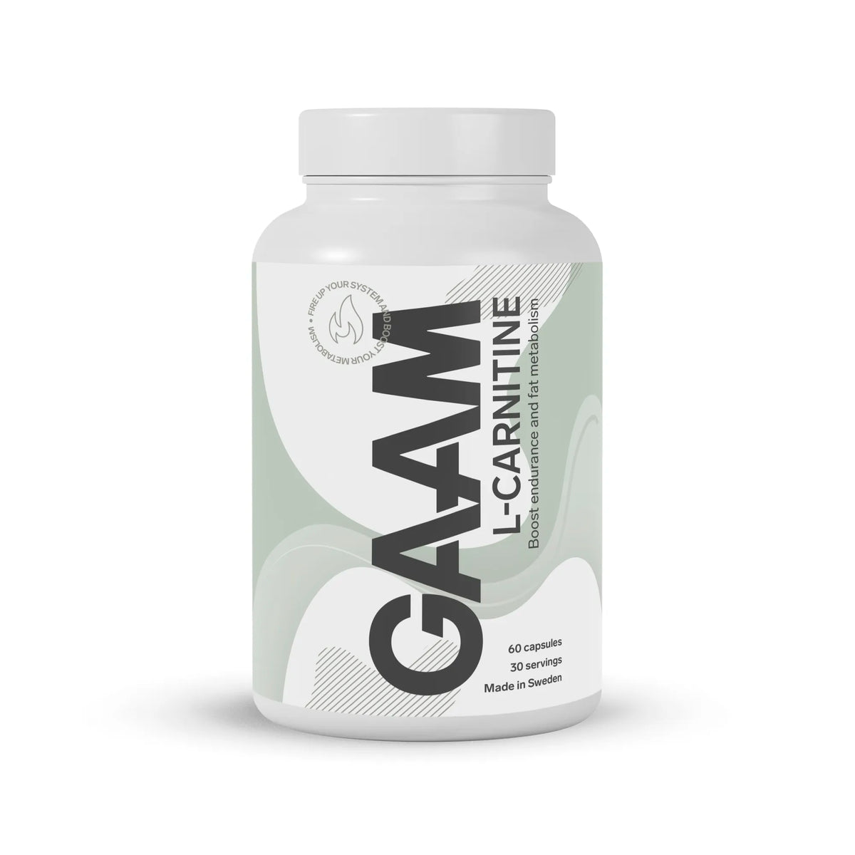 GAAM L-Carnitine 60 caps kosttillskott i en vit burk med grågröna detaljer och mörk text., bild 1 av 1