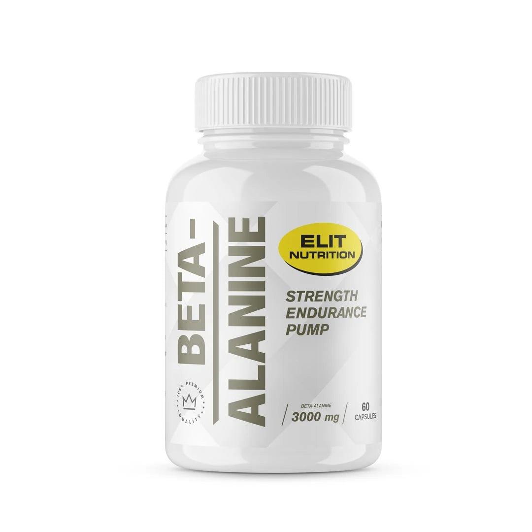 Elit Nutrition Beta-Alanine 60 caps förpackad i en vit burk med grå text och en gul logotyp., bild 1 av 1