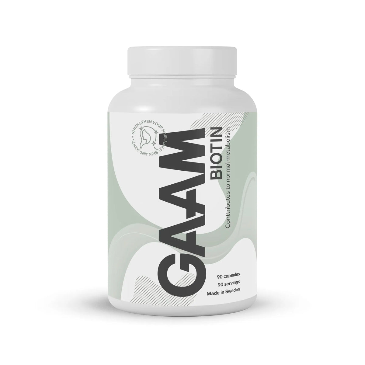 GAAM Biotin 90 caps i en vit plastburk med ljusgröna och vita grafiska detaljer., bild 1 av 1