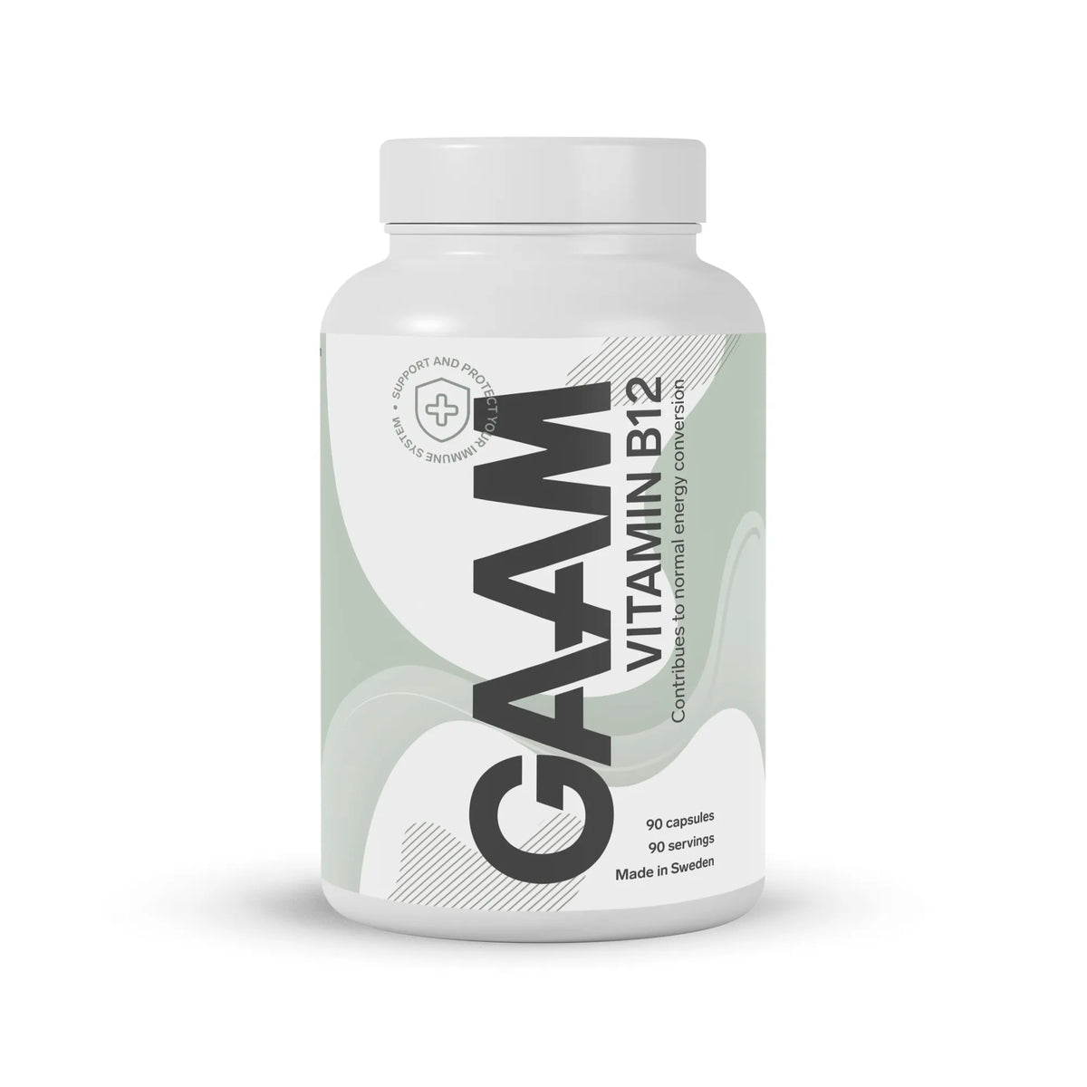 GAAM Vitamin B12 90 caps kosttillskott i en vit burk med ljusgröna grafiska detaljer., bild 1 av 1
