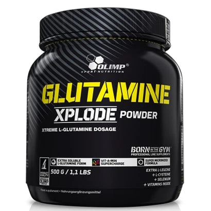 Olimp Glutamine Xplode 500 g aminosyrapulver i en svart burk med gul text., bild 4 av 4