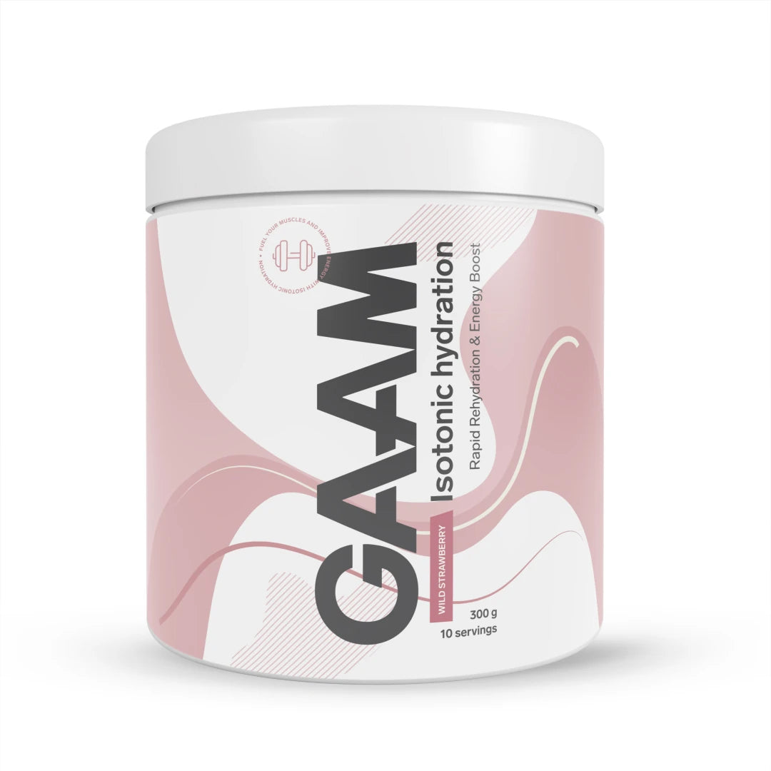 GAAM Isotonic Hydration 300 g sportdryckspulver i en vit burk med rosa detaljer för smaken Wild Strawberry., bild 1 av 2