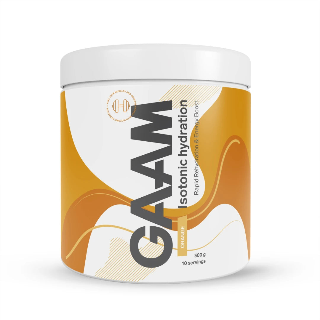 GAAM Isotonic Hydration 300 g sportdryck i en vit burk med orange detaljer för smaken Orange., bild 2 av 2