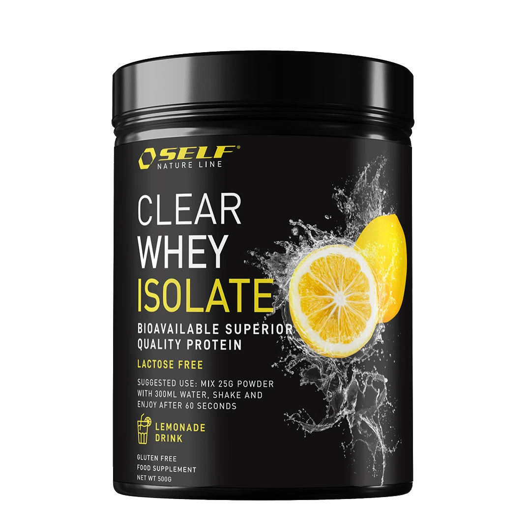 Self Omninutrition Clear Whey Isolate 500 g proteinpulver i en svart burk med citronmotiv och smaken Lemonade Drink., bild 1 av 1