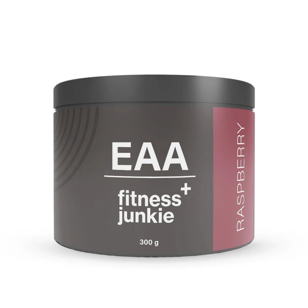 fitnessjunkie EAA 300 g EAA-pulver i en mörkgrå burk med mörkröda detaljer för smaken Raspberry., bild 3 av 3