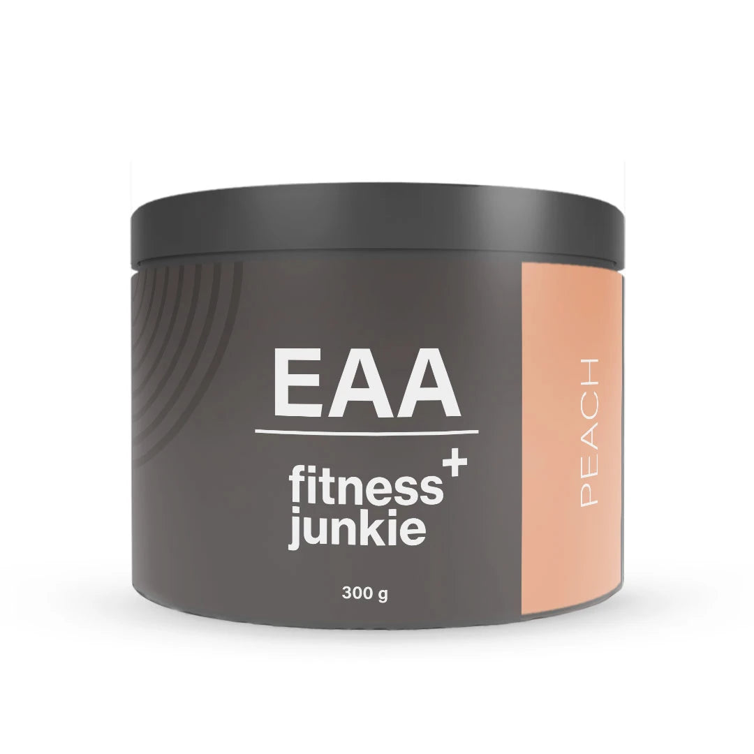 fitnessjunkie EAA 300 g aminosyrapulver i en mörkgrå burk med persikofärgade detaljer och smaken Peach., bild 1 av 3