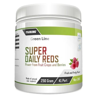 Fairing Daily Reds 250 g kosttillskott i en vit burk med gröna detaljer och illustration av hallon., bild 1 av 1