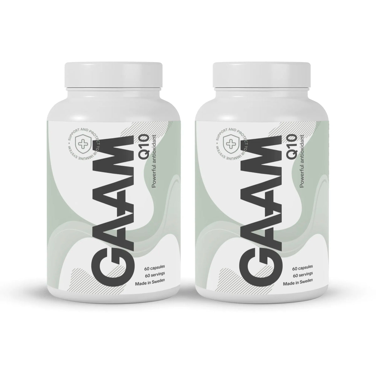 2 x GAAM Q10 120 caps kosttillskott i vita burkar med ljusgröna och svarta detaljer., bild 1 av 1