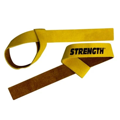 Gula Strength Dragremmar Läder med löpande ögla och svart logotyp., bild 1 av 1