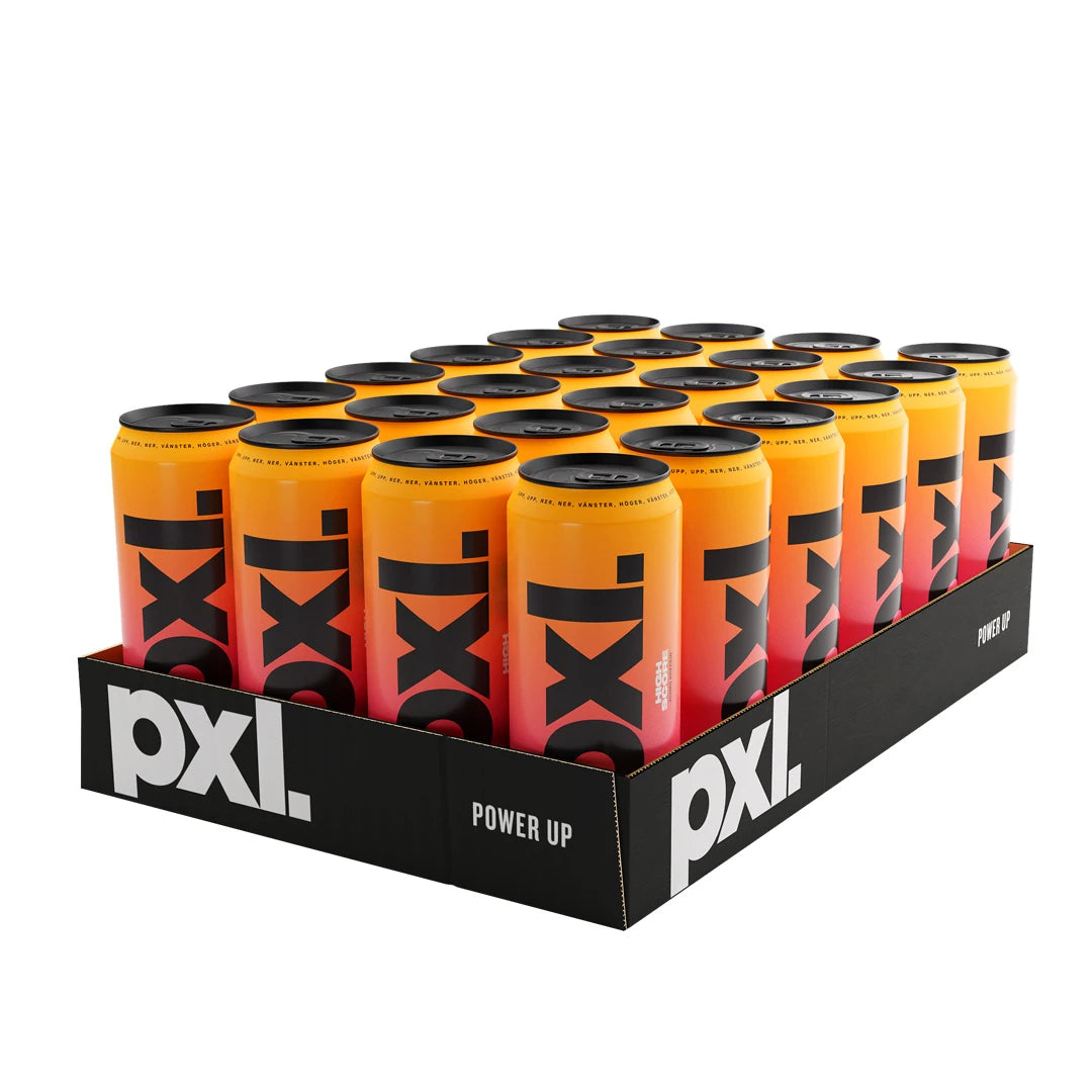 24 x PXL Energy 500 ml High Score energidryck i ett svart flak med orange och rosa burkar.