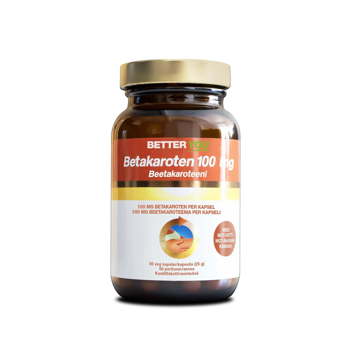 Better You Betakaroten 100 mg 50 caps, kosttillskott i en mörkbrun burk med guldlock och vit-orange etikett., bild 1 av 1