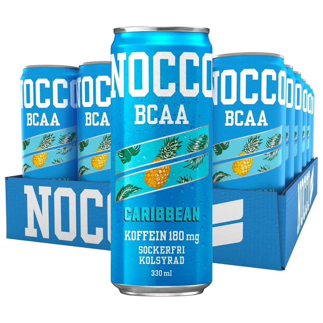 24 x NOCCO BCAA 330 ml Caribbean i ett blått flak med turkosa burkar, vita detaljer och ananasmotiv., bild 1 av 1