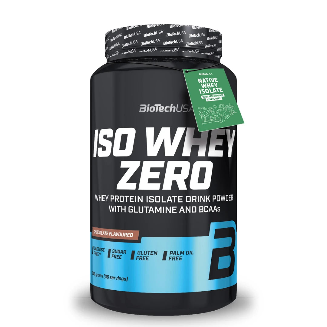 BioTechUSA Iso Whey Zero 908 g proteinpulver i en svart plastburk med blå detaljer och smaken Chocolate., bild 1 av 1