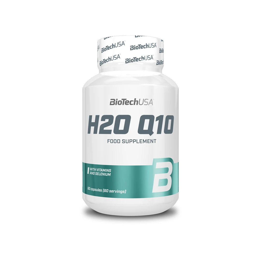 BioTechUSA H2O Q10 60 caps kosttillskott förpackad i en vit burk med turkosa detaljer., bild 1 av 1