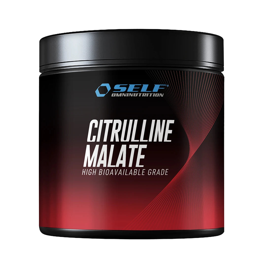 Self Omninutrition Citrulline Malate 200 g i en svart burk med röda detaljer, aminosyratillskott för prestationshöjning., bild 1 av 1
