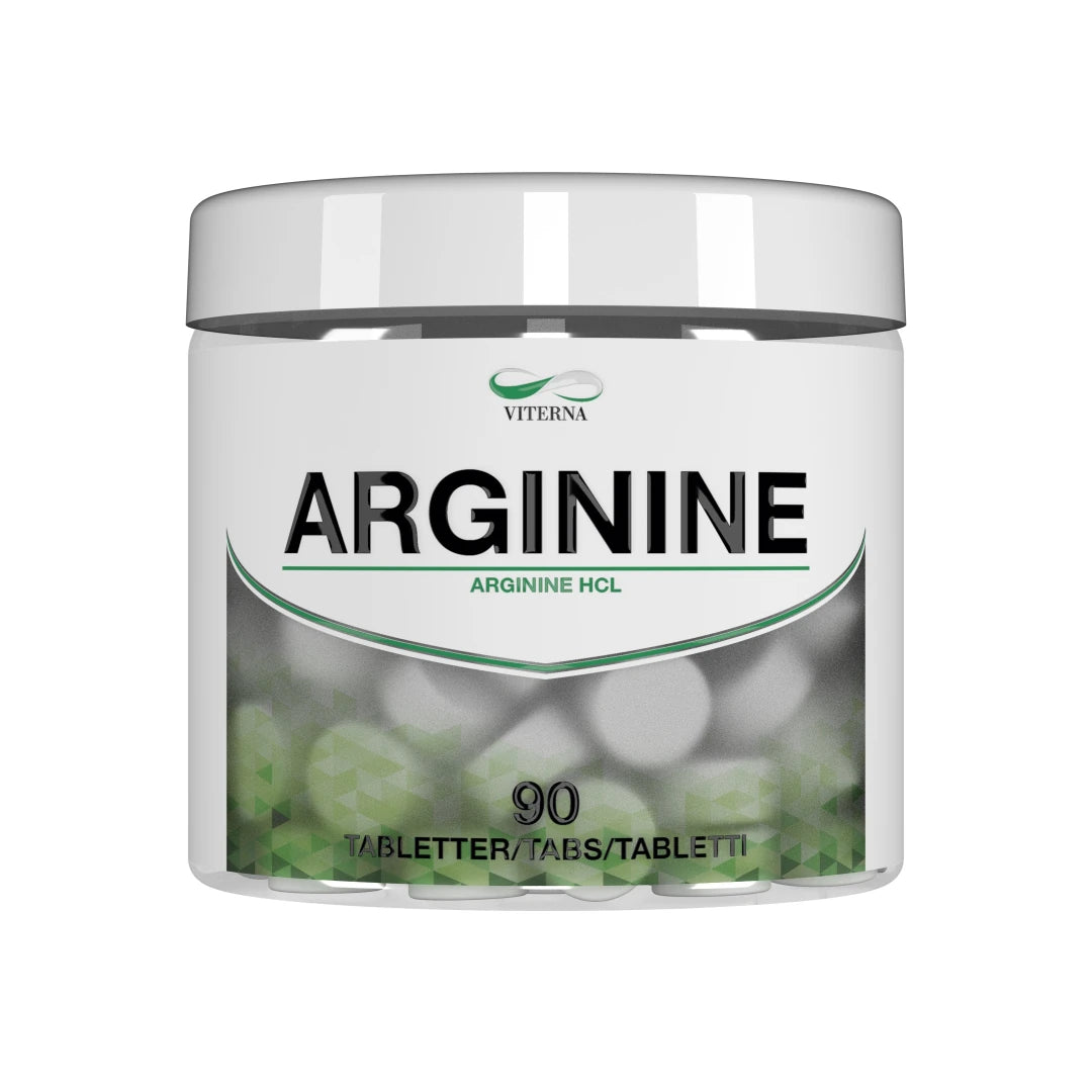 Viterna Arginine 90 tabs aminosyra i tablettform, förpackad i en vit burk med gröna och svarta detaljer., bild 1 av 1