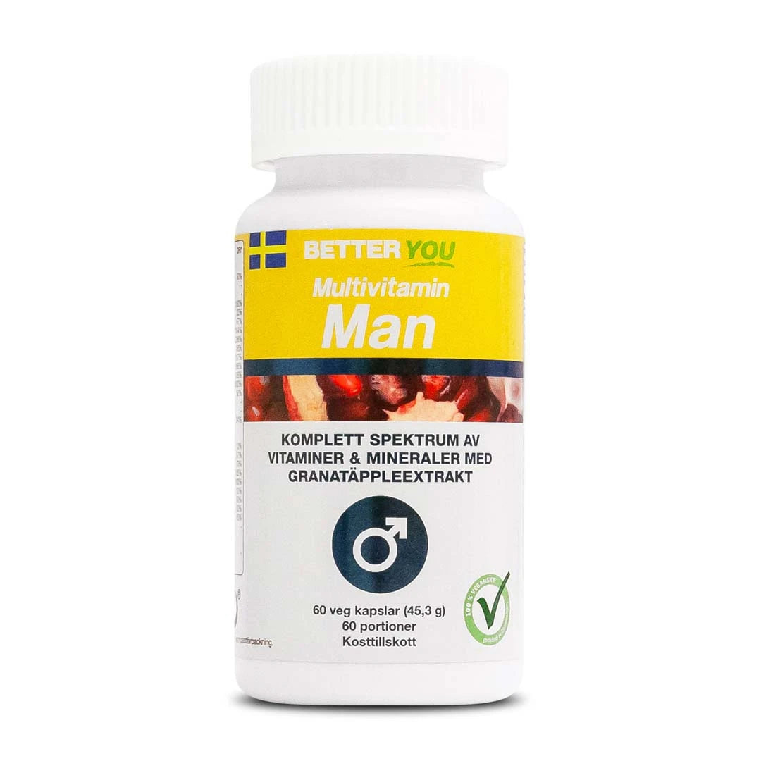 Better You Multivitamin Man 60 caps, vegansk multivitamin i en vit burk med gul etikett och granatäpplemotiv., bild 1 av 1