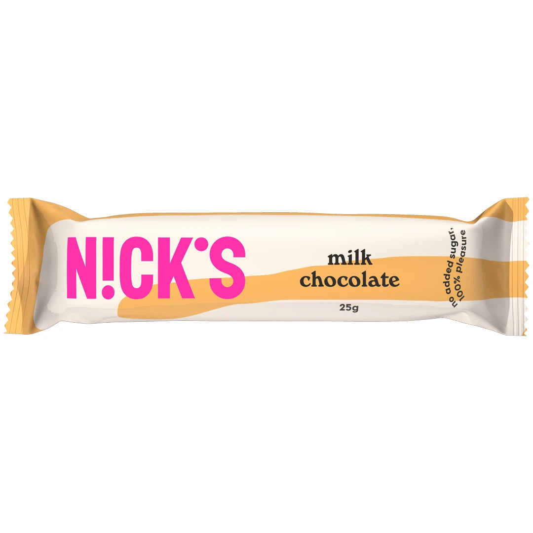 Nicks Milk Chocolate 25 g chokladbar i en vit förpackning med beiga detaljer och rosa logotyp., bild 1 av 1