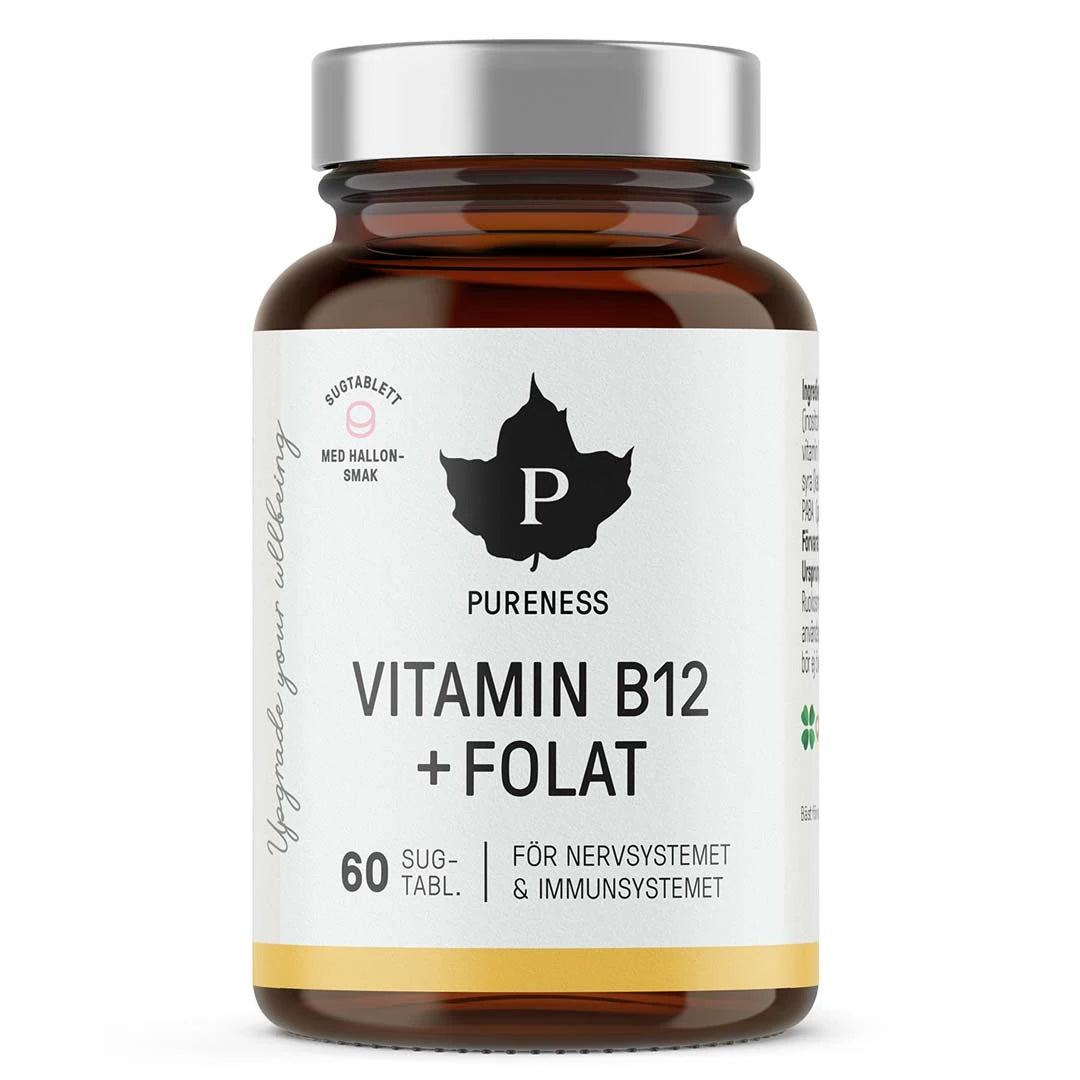 Pureness Vitamin B12 + Folat 60 tabs sugtabletter i en mörkbrun burk med silverlock och vit etikett., bild 1 av 1