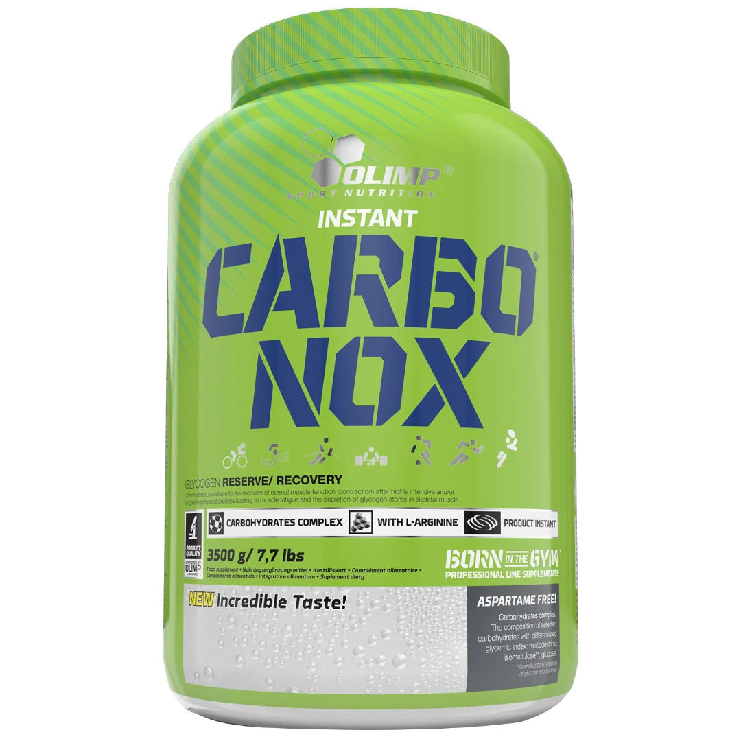 Olimp Carbo NOX 3.5 kg kolhydratspulver i en stor ljusgrön burk med grönt lock och tydlig blå text.