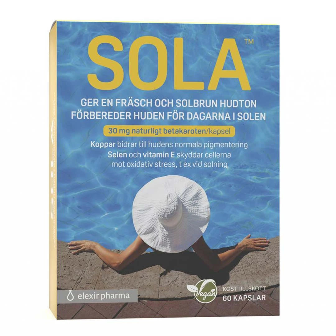Elexir Pharma SOLA 60 caps kosttillskott i en ask med sommarmotiv och stor gul text., bild 1 av 1