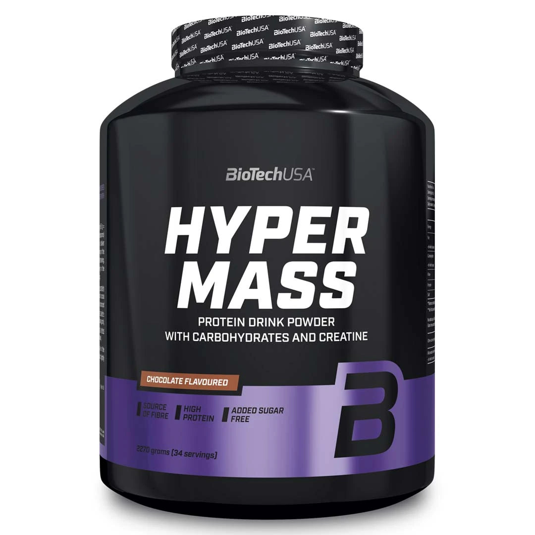 BioTechUSA Hyper Mass 2.27 kg gainer i chokladsmak, förpackad i en svart burk med lila detaljer.