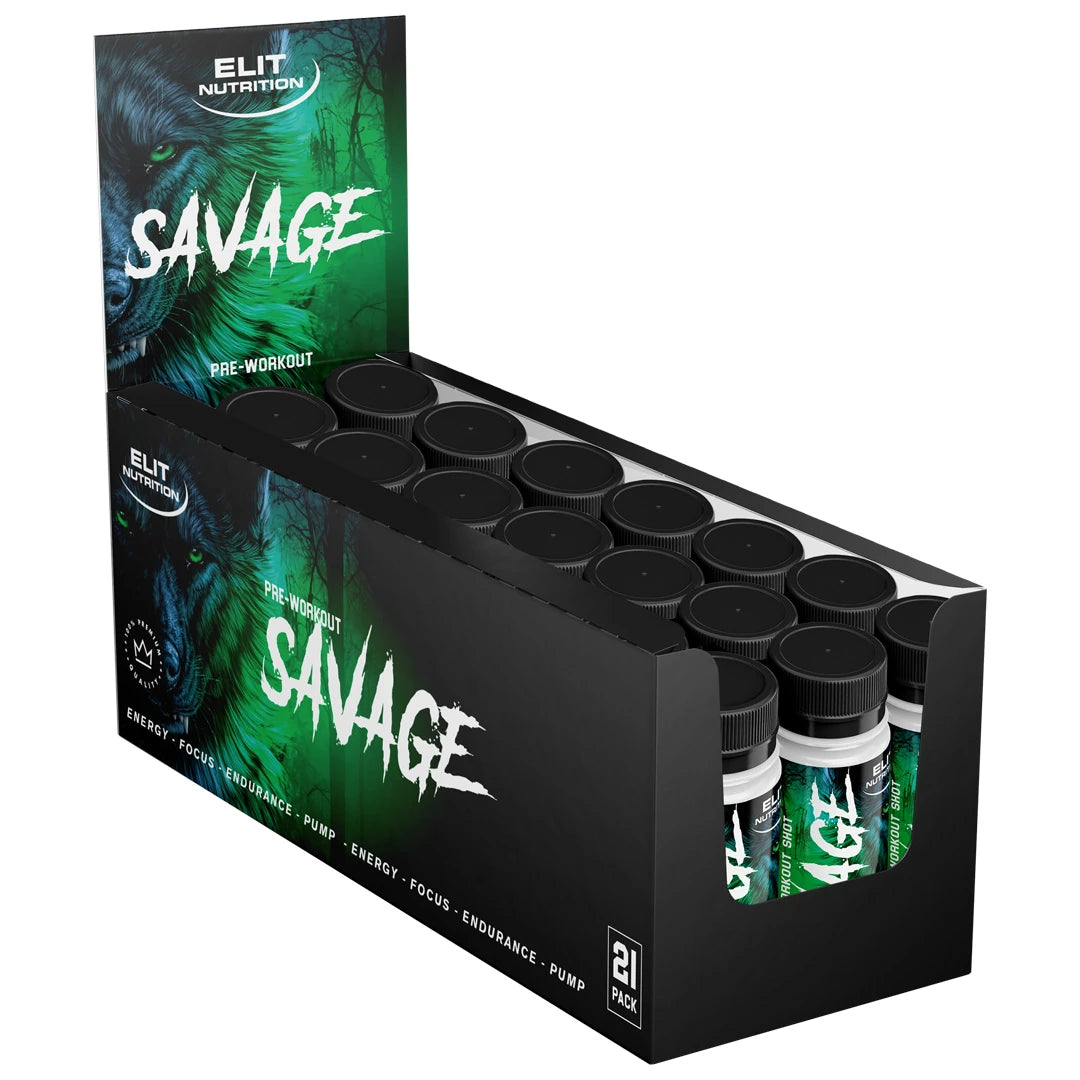 21 x Elit Nutrition Savage PWO Shot Mixpack 60 ml i en svart displaylåda med ett grönt vargmotiv., bild 1 av 1