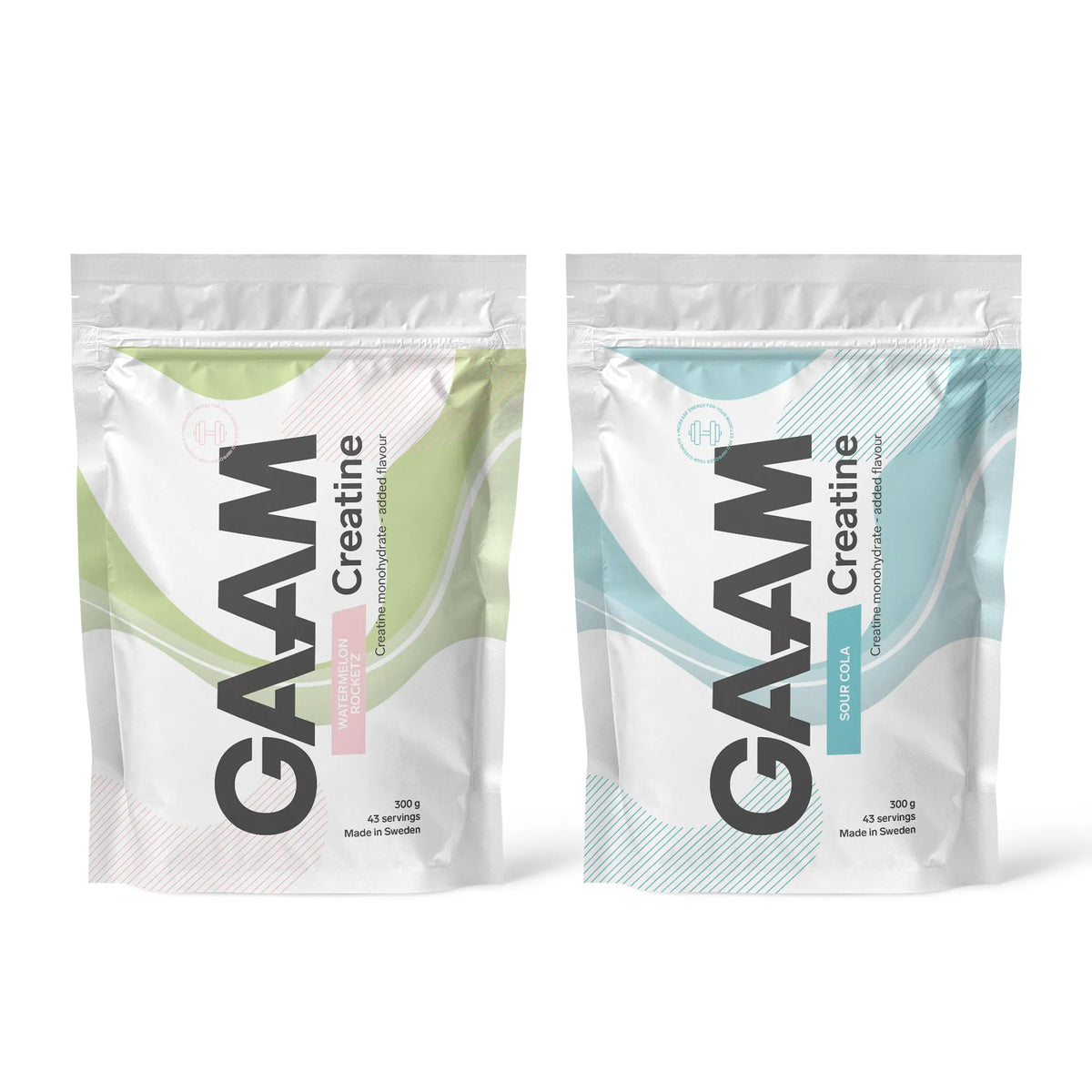 2 x GAAM Creatine 300 g i två vita påsar med pastellfärgade detaljer för smakerna Watermelon Rocketz och Sour Cola., bild 1 av 1