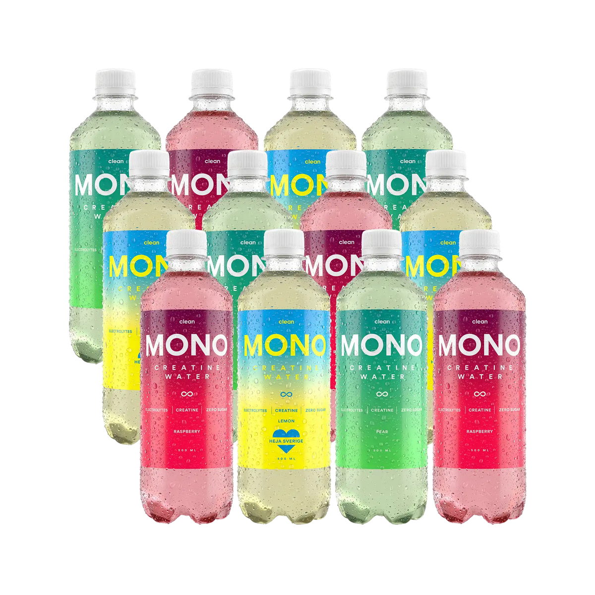 12 x Clean MONO Creatine Water 500 ml Mixflak med tolv genomskinliga plastflaskor och etiketter i rött, blått och grönt., bild 1 av 1