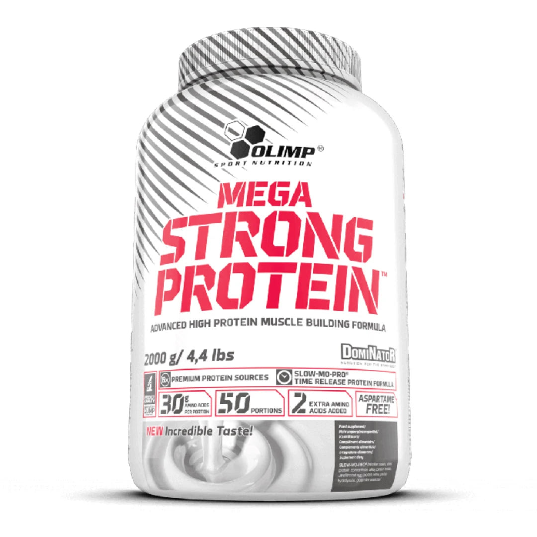 Vit burk med röd text för proteinpulvret Olimp Dominator Mega Strong Protein 2 kg från Olimp Sport Nutrition., bild 2 av 2