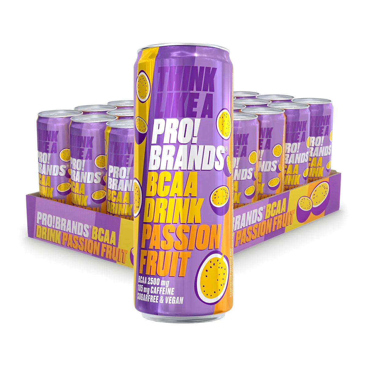 24 x Pro Brands BCAA Drink 330 ml Passionfruit (105 mg koffein) i ett flak med lila och gula burkar med motiv av passionfrukt.