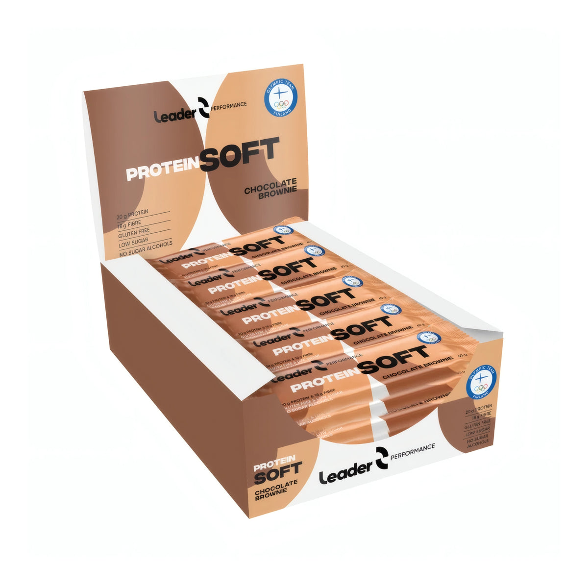 Leader Performance Soft Bar 60 g proteinbars i en öppen brun och beige displaylåda för smaken Chocolate Brownie.