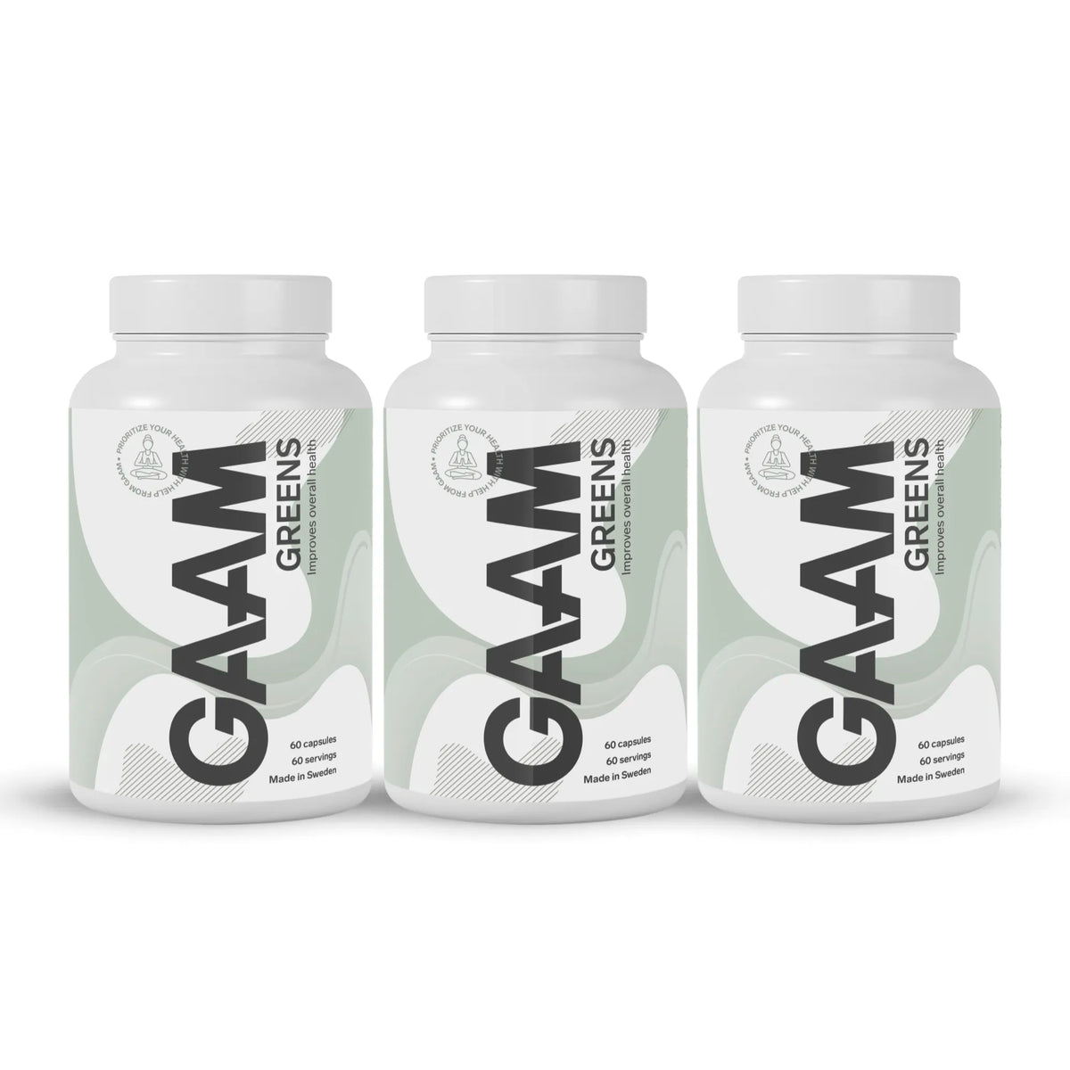 3 x GAAM Greens 60 Caps i tre vita burkar med ljusgröna vågmönster och svart text.