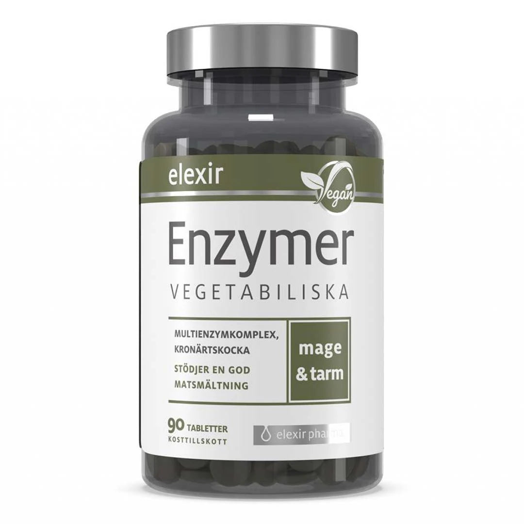 Elexir Pharma Enzymer 90 tabs i en mörk burk med silverfärgat lock och en vit och grön etikett., bild 1 av 1