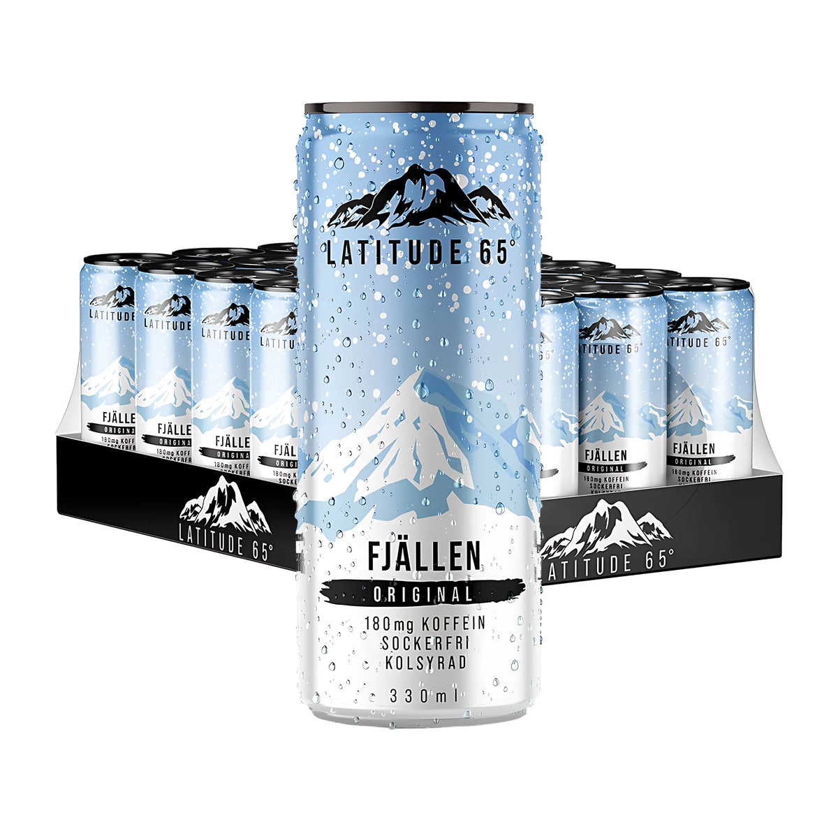24 x Latitude 65 330 ml Fjällen - Original kolsyrad dryck i ett 24-pack flak med ljusblå burkar med bergsmotiv., bild 1 av 1