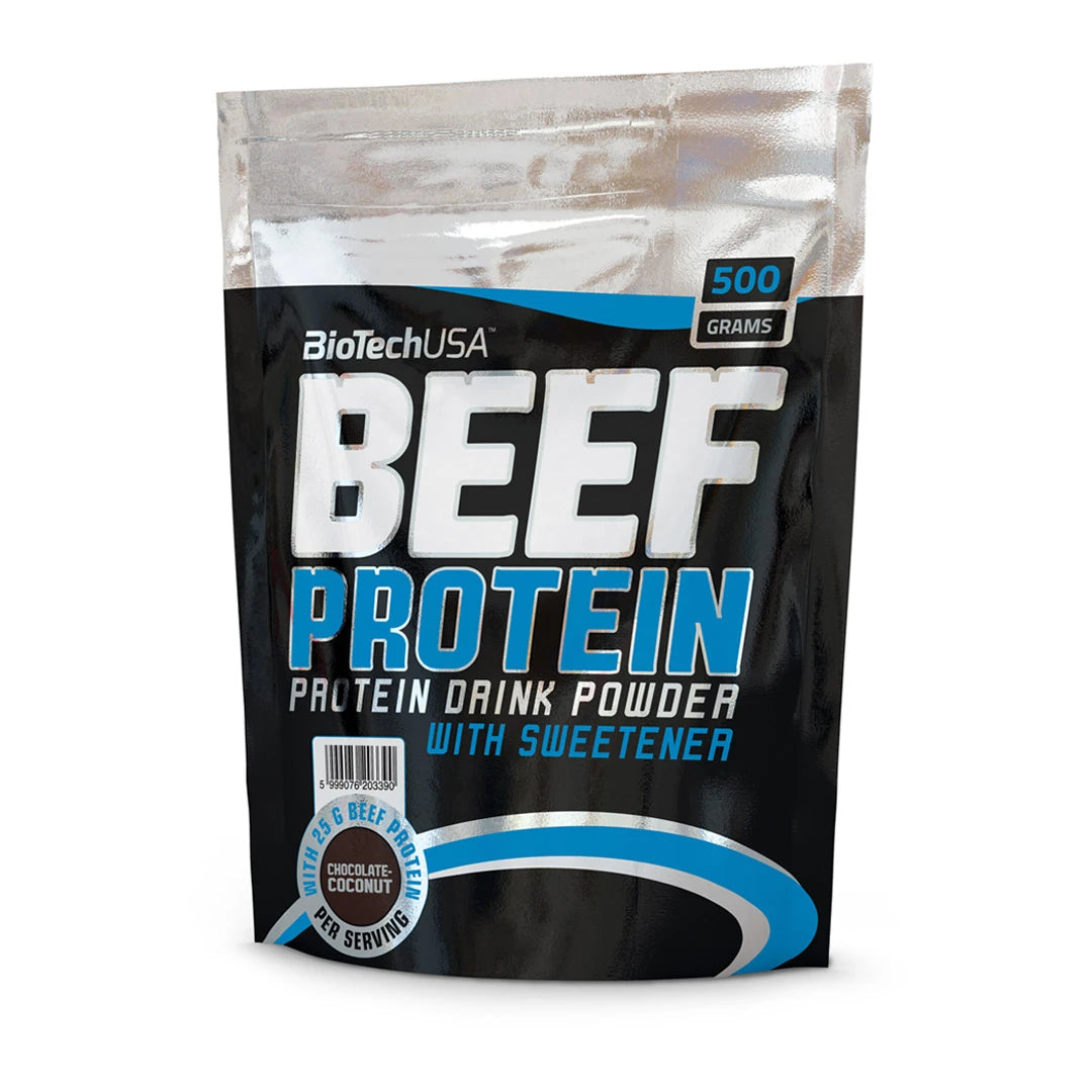 BioTechUSA Beef Protein 500 g biffprotein i en svart och silvrig påse med blå detaljer, smak Chocolate Coconut.