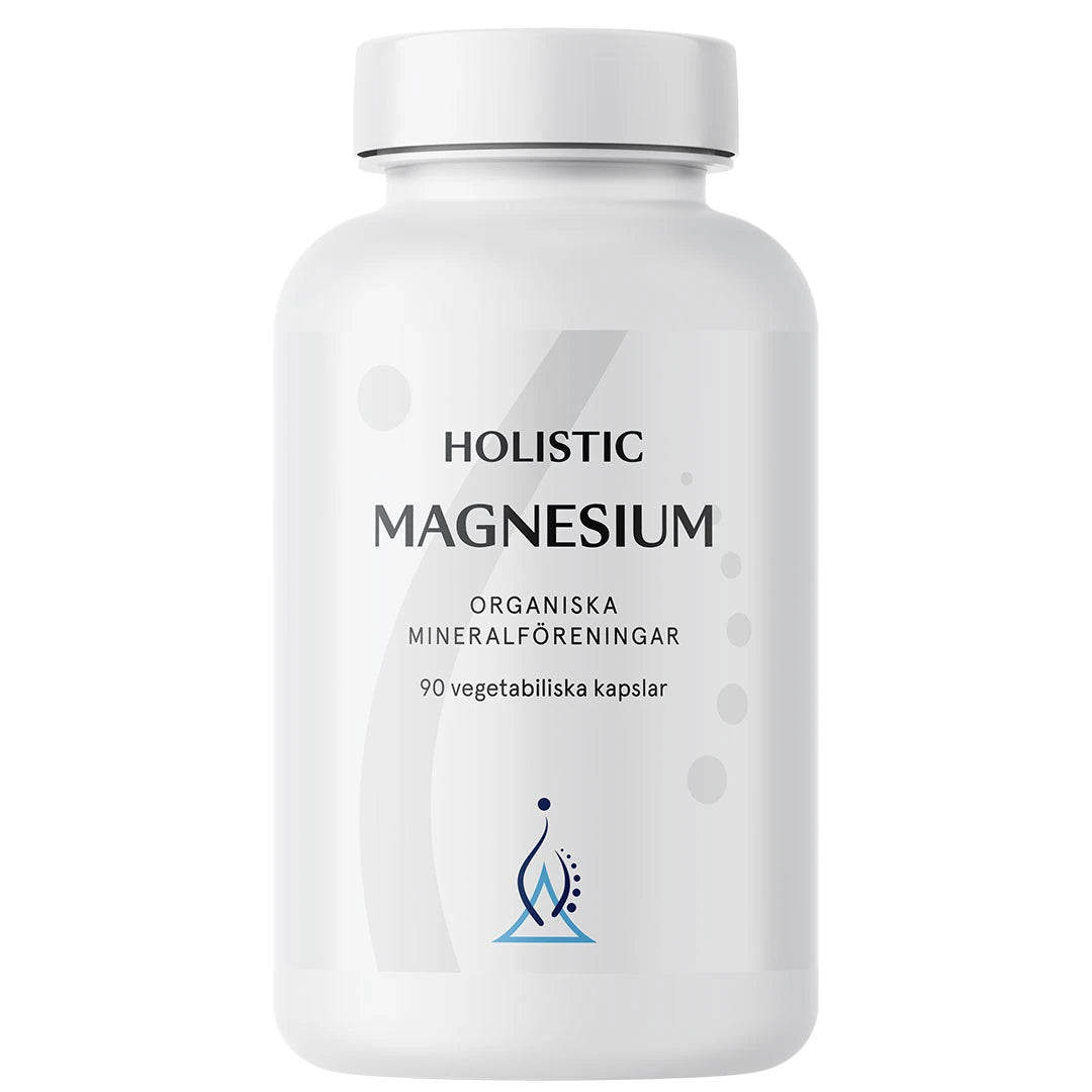 Holistic Magnesium 120 mg 90 caps kosttillskott i en vit plastburk med grå och blå detaljer., bild 1 av 1