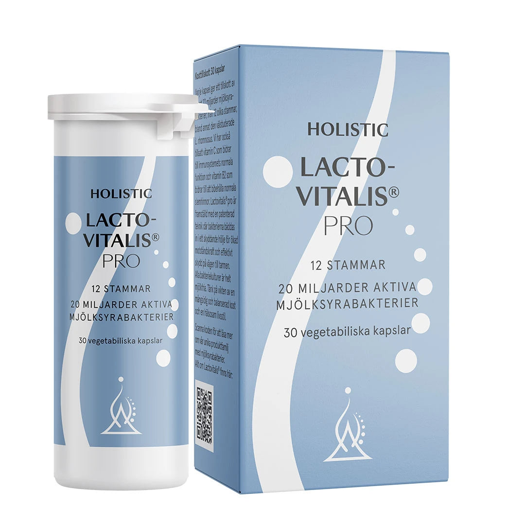 Holistic Lactovitalis® pro 30 caps kosttillskott förpackad i en ljusblå och vit burk med tillhörande kartong., bild 1 av 1
