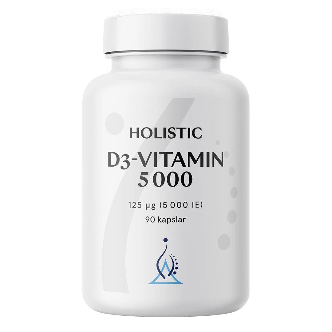 Holistic D3-vitamin 5000 90 caps i en stilren vit burk med svart text och blå detaljer., bild 1 av 1