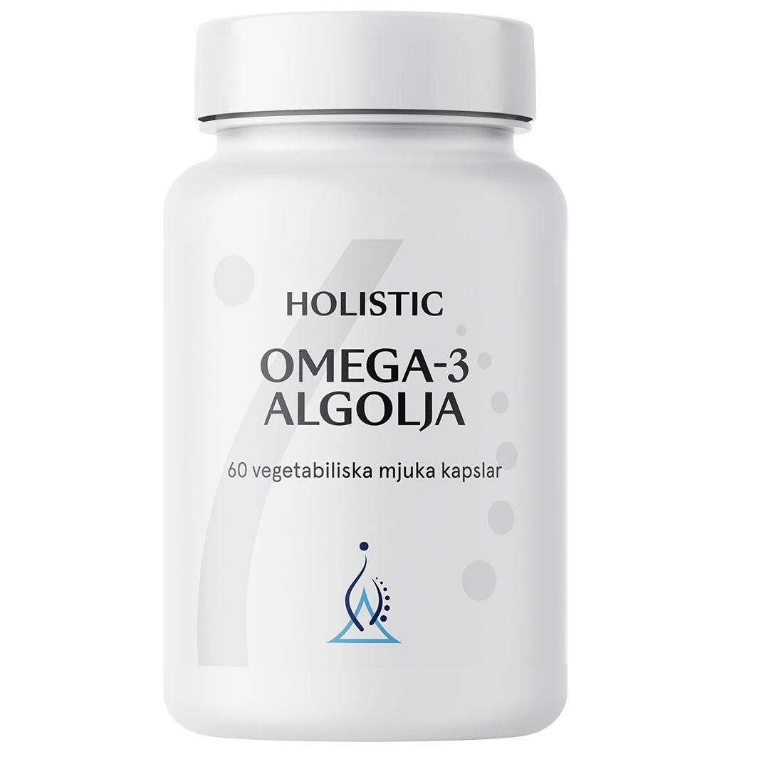Holistic Omega-3 algolja 60 caps förpackad i en stilren vit burk med grå och blå grafiska detaljer., bild 1 av 1